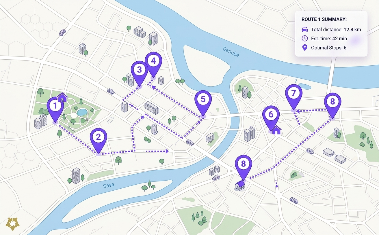 Mapa Beograda sa pinovima domaćinstava i optimizovanom rutom obilaska gostiju